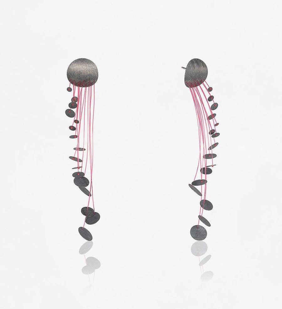 New Pendientes Plata Pluja Con Nailon Rojo 85Mm